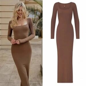 Skims Soft Lounge Brown Long Sleeve Ribbed Dress